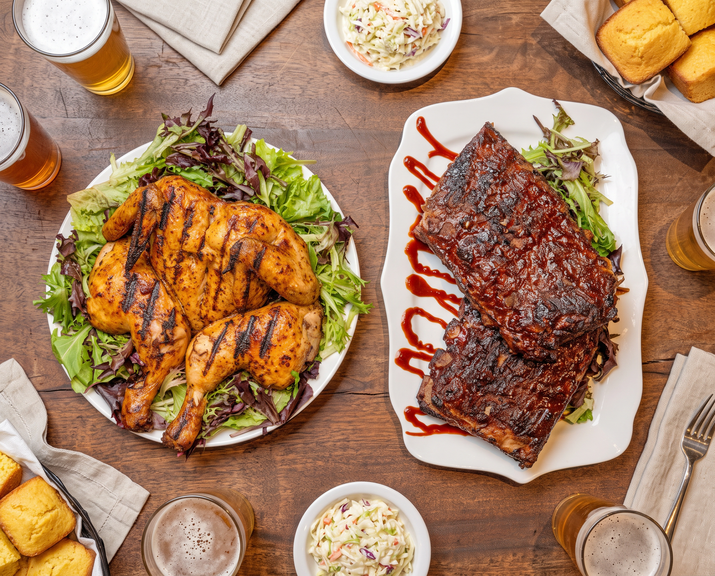 BRAVA live-fire grilled whole chicken with BBQ ribs